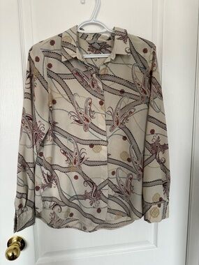 H&M Beige Paisley-Print Button-Front Blouse with Burgundy Accents
